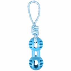 Jouet Haltère + corde à tirer bleu 34.5 cm Rudo. pour chien. en TPR. longueur total 34.5 cm. haltère 14 cm. ø 6.5 cm. Jouet H ...