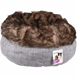 panier rond Amadeo pour chat. taille ø 45 cm x 25 cm de hauteur. couleur gris brun. tissu gris extérieure. tissu fausse fourr ...
