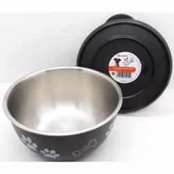 Ecuelle Kena avec couvercle. pour chien dimension: ø15 cm. contenance 800 ml. hauteur: 8 cm en inox. couleur noir. avec motif ...
