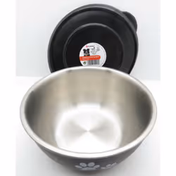 Ecuelle Kena avec couvercle. pour chien dimension: ø17.5 cm. contenance 1250 ml. hauteur: 8 cm en inox. couleur noir. avec mo ...