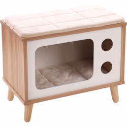Meuble TV Fino Blanc & Brun & Naturel, pour chat dimension extérieur 50 x 29 x 41H Matériau : bois et tapis à griffer en jute ...