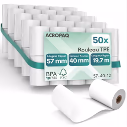 ACROPAQ 50 Rouleaux de Caisse 57x 40x8mm- Thermique 197m- Terminaux de paiement- 50 Bobines TPE- Sans BPA- Dimension Universe ...