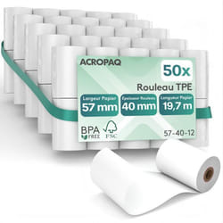 ACROPAQ 50 Rouleaux de Caisse 57x 40x8mm- Thermique 197m- Terminaux de paiement- 50 Bobines TPE- Sans BPA- Dimension Universelle
