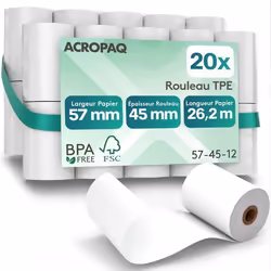 ACROPAQ 20 Rouleaux de Caisse 57x 45x8mm- Thermique 262 m- Terminaux de paiement- 20 Bobines TPE- Sans BPA- Dimension Univers ...