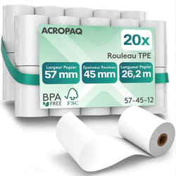 ACROPAQ 20 Rouleaux de Caisse 57x 45x8mm- Thermique 262 m- Terminaux de paiement- 20 Bobines TPE- Sans BPA- Dimension Universelle
