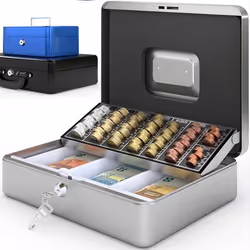 ACROPAQ Caisse monnaie 30x24x9cm- Coffret Monnaie en Acier- Monnayeur 2 clés Compartiments à monnaie- Poignée de Transport