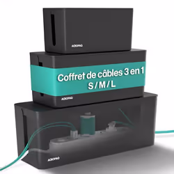 ACROPAQ 3 Boite cache cable- 3 Boite rangement cable 3 en 1- 3 tailles (S M L)- cache multiprise- ABS- Noir