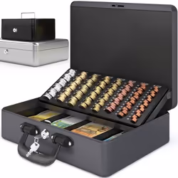ACROPAQ Caisse monnaie Professionnelle XL 36x27x11cm- Coffret Monnaie Acier- Monnayeur 2 clés Compartiments monnaie-Poignée