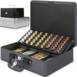 ACROPAQ Caisse monnaie Professionnelle XL 36x27x11cm- Coffret Monnaie Acier- Monnayeur 2 clés Compartiments monnaie-Poignée