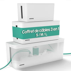 ACROPAQ 3 Boite cache cable- 3 Boite rangement cable 3 en 1- 3 tailles (S M L)- cache multiprise- ABS- Blanc