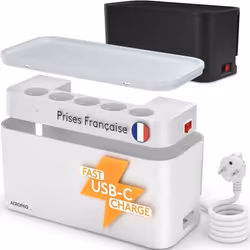 ACROPAQ Boite cache cable compatible France- cache multiprise- Multiprise intégrée- USB-A et USB-C- Rangement cable- 2500W- B ...