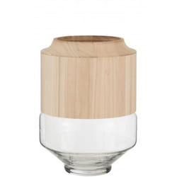 Vase Rond - J-LINE - 23 cm x 30.5 cm - Verre et Bois - Couleur Rose - Style Contemporain