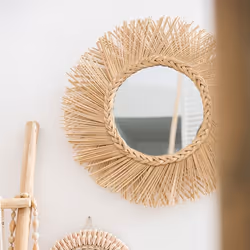Miroir Mural - J-LINE - 90cm - Rotin Naturel - Design Contemporain - Forme Ronde