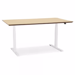 Bureau électrique SIDEBU avec plateau en bois finition naturelle et pied en métal blanc - Dimensions : (63-128)x150x70 cm