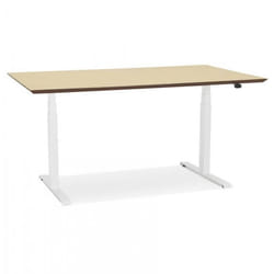 Bureau électrique SIDEBU avec plateau en bois finition naturelle et pied en métal blanc - Dimensions : (63-128)x150x70 cm
