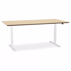 Bureau électrique SIDEBU avec plateau en bois finition naturelle et pied en métal blanc - Dimensions : (63-128)x180x90 cm