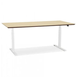 Bureau électrique SIDEBU avec plateau en bois finition naturelle et pied en métal blanc - Dimensions : (63-128)x180x90 cm
