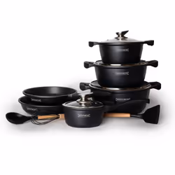 Batterie de cuisine avec revêtement effet marbre anti adhésif. Ce lot contient : une poêle de ø 24 x 6.5 cm, une poêle de ø 2 ...