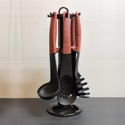 Set de 6 ustensiles de cuisine avec support rotatif. Support rotatif à 360°. Ils sont en plastiques imitation pierre. Poignée ...