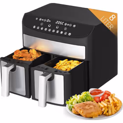Cette friteuse à air chaud de 8 litres possède deux paniers apparents qui vous permettent de préparer deux plats différents e ...
