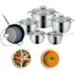 Batterie de Cuisine  Inox avec Couvercle en Verre -  Tous Feux et  Induction 12 pièces -  Non PFOA