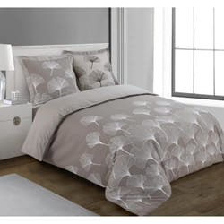 VISION - Parure de lit réversible GINKO - 100% coton - 1 housse de couette 240x220 cm + 2 taies doreiller 65x65cm - Beige
