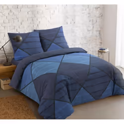 VISION - Parure de lit HAROLD - 100% coton - 1 housse de couette 260x240cm + 2 taies doreiller 65x65cm - Bleu