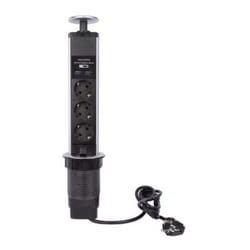Perel - Bloc multiprise escamotable, 3 prises schuko (type f), 2 ports usb, diamètre 71 mm, usage intérieur, noir/gris