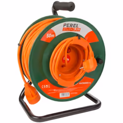 Perel Rallonge électrique sur enrouleur, usage intérieur, terre allemande, protection thermique, 50 m, 3G1.5, orange/vert Que ...