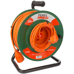 Perel Rallonge électrique sur enrouleur, usage intérieur, terre allemande, protection thermique, 50 m, 3G1.5, orange/vert