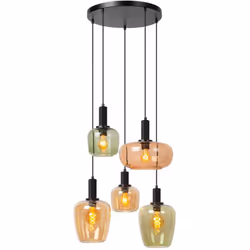 Un régal de couleurs et de formes : c'est l'imposante suspension Ilona. Les 5 abat-jours en verre de haute qualité de différe ...