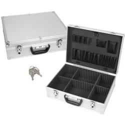 Mallette à outils, panneau porte-outils, bandoulière, séparateurs amovibles, verrouillage par clé, 2 clés, aluminium, gris, 457 x 330 x 152 mm - Perel