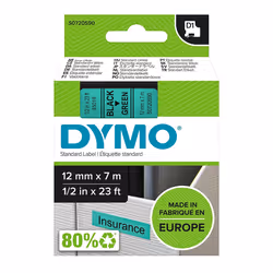 DYMO D1 - Standard Étiquettes - Noir sur vert - 12mm x 7m, Noir sur vert, Polyester, Belgique, -18 - 90 °C, DYMO, LabelManage ...