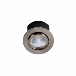 Downlight encastré rond orientable avec capot de protection en métal. Fixation par ressorts. Peut être recouvert par un isola ...