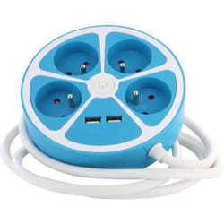 Multiprise design circulaire - CHACON - 4X16 A - Cordon 15 m - Avec 2 USB-A + Interrupteur - Bleu