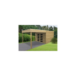 Abri de jardin en bois traité Matera - Solid - 298x291+293cm - 19mm - Avec terrasse sur le devant