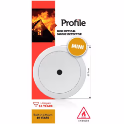 Détecteur de fumée mini 7x7x3.4cm avec pile lithium 9v. Matériel de montage compris. Alarme sonore de 85 décibels à 3m. Certi ...