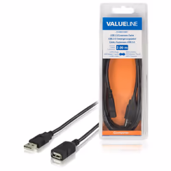 Valueline VLCB60010B20, 2 m, USB A, USB A, USB 2.0, Mâle/Femelle, Noir