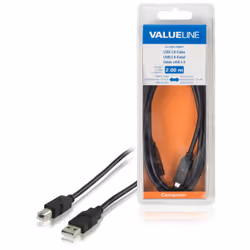 Valueline VLCB60100B20, 2 m, USB A, USB B, USB 2.0, Mâle/Mâle, Noir