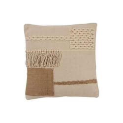 Coussin carré à franges en coton beige et blanc Beige