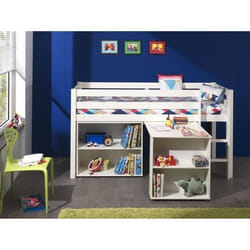Lit Surélevé + Bibliothèque 2 Niches + Bureau Blanc - Pino