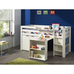 Lit Surélevé + Bibliothèque + Commode 2 Portes + Bureau Blanc - Pino