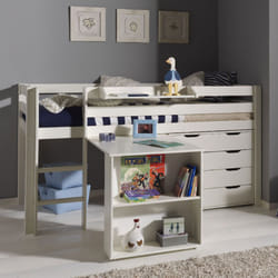 Lit surélevé + bureau + commode 4 tiroirs + étagère blanc - pino