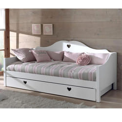 Lit Banquette Gigogne 90x200 Cm Avec Sommier Bois Laqué Blanc Cœur