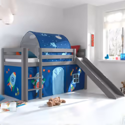 Aiguisez la créativité de votre enfant en lui offrant ce lit surélevé avec toboggan gris décor et tunnel fusée PINO . Sa cham ...