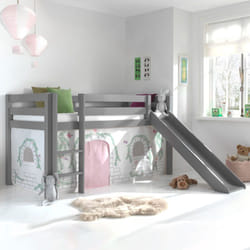 Les Tendances - Lit surélevé 90x200 cm avec toboggan gris décor chaumière - pino