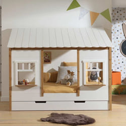 Lit Cabane Gigogne 90x200 Et Sommier Pin Massif Blanc Et Bois Clair Henri