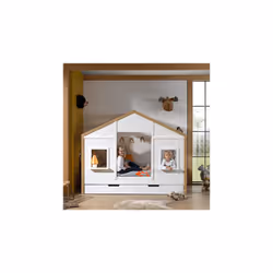 Faites le bonheur de votre enfant et installez ce lit cabane avec deux fenêtres et un tiroir blanc et naturel dans sa chambre ...