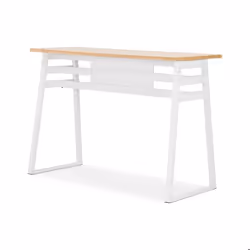 Table de bar haute MAYO en bois finition naturelle et pied en métal blanc - Dimensions : 150x60x1055 cm
