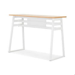 Table de bar haute MAYO en bois finition naturelle et pied en métal blanc - Dimensions : 150x60x1055 cm